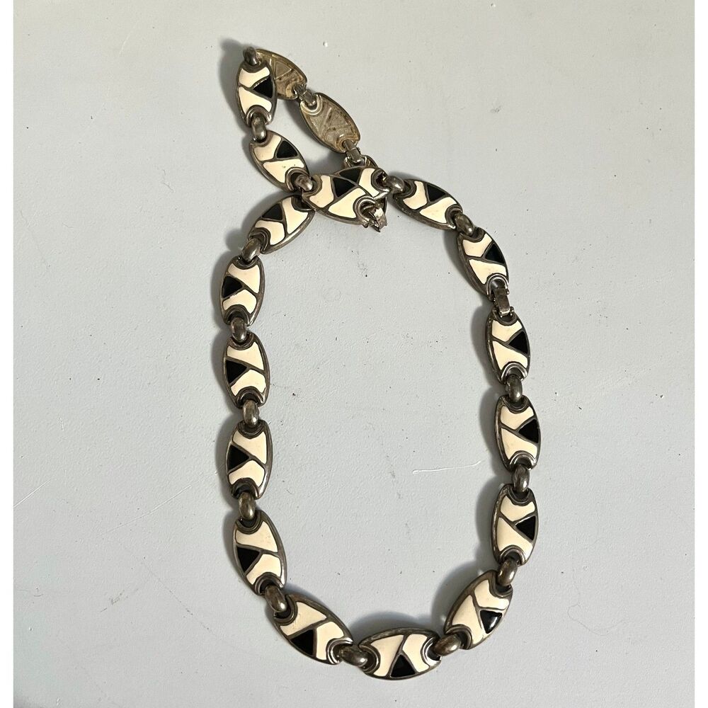 Vintage Silver Black & White Enameled Choker and Bracelet Set